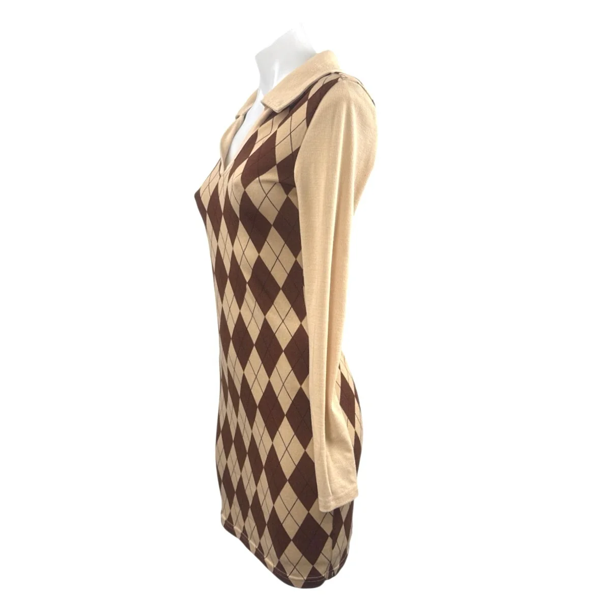Women's Brown Argyle Collared V Neck Long sleeve Mini Bodycon Sweater Dress Sz S - Image 2