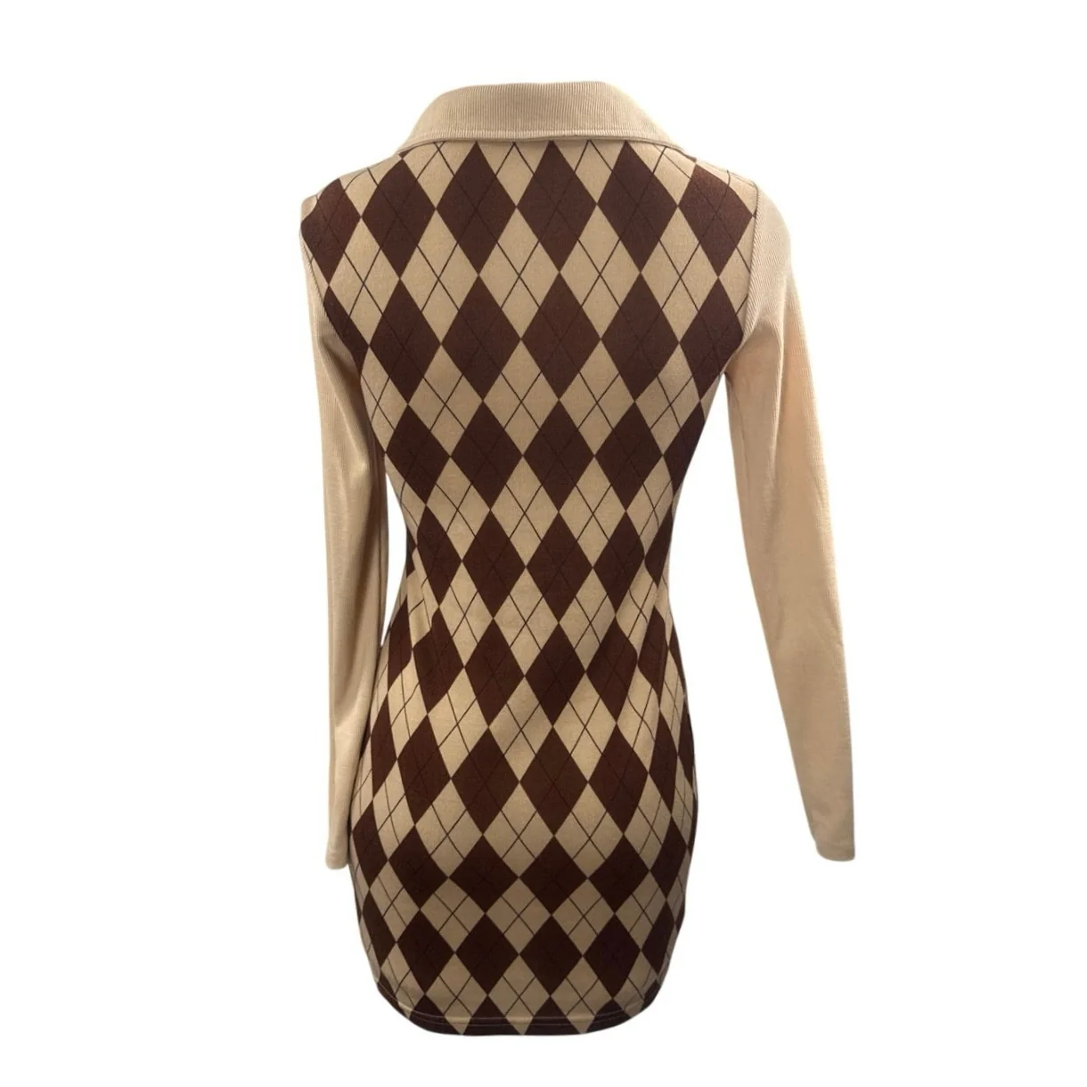 Women's Brown Argyle Collared V Neck Long sleeve Mini Bodycon Sweater Dress Sz S - Image 3
