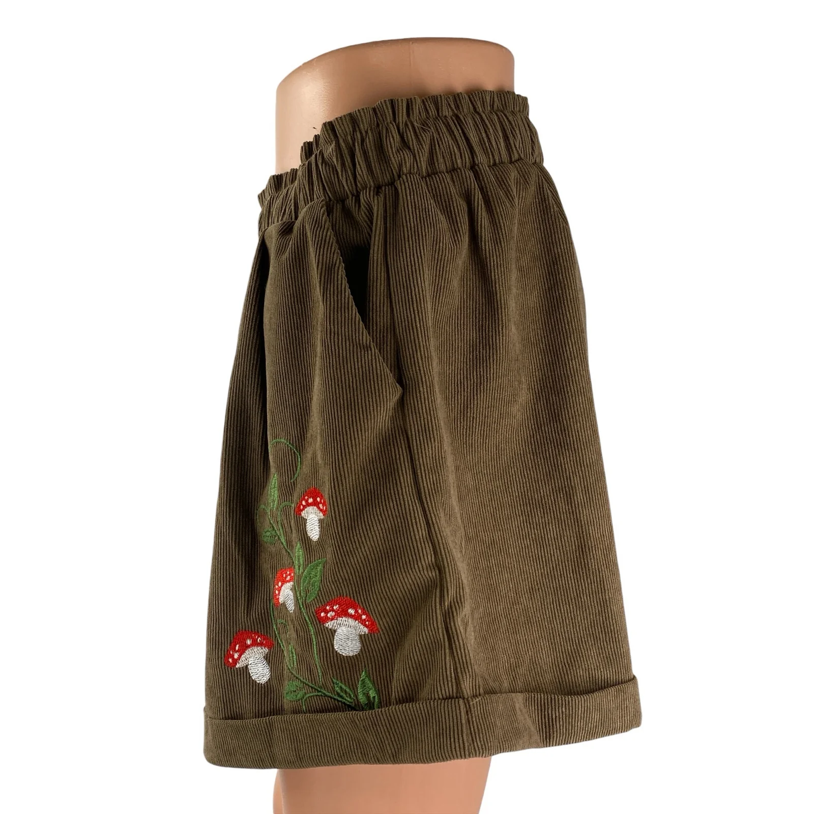 Women's Corduroy Fairycore Embroidered Elastic Waist Wide Leg Paperbag Shorts M - Image 2