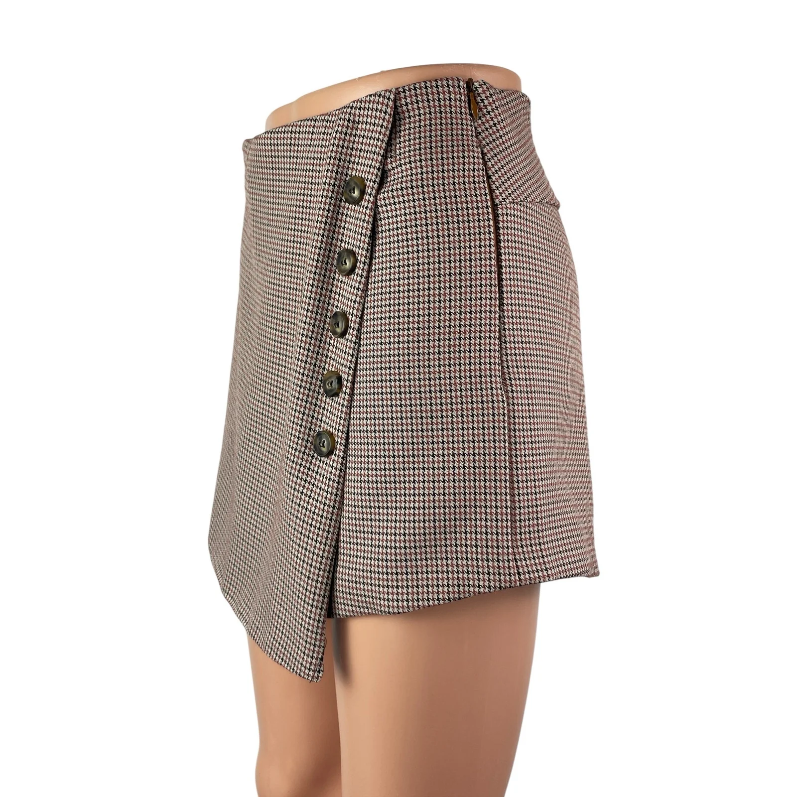 Women's Gray Houndstooth High Waisted Button Wrap Skort Skirt Shorts Size S - Image 2