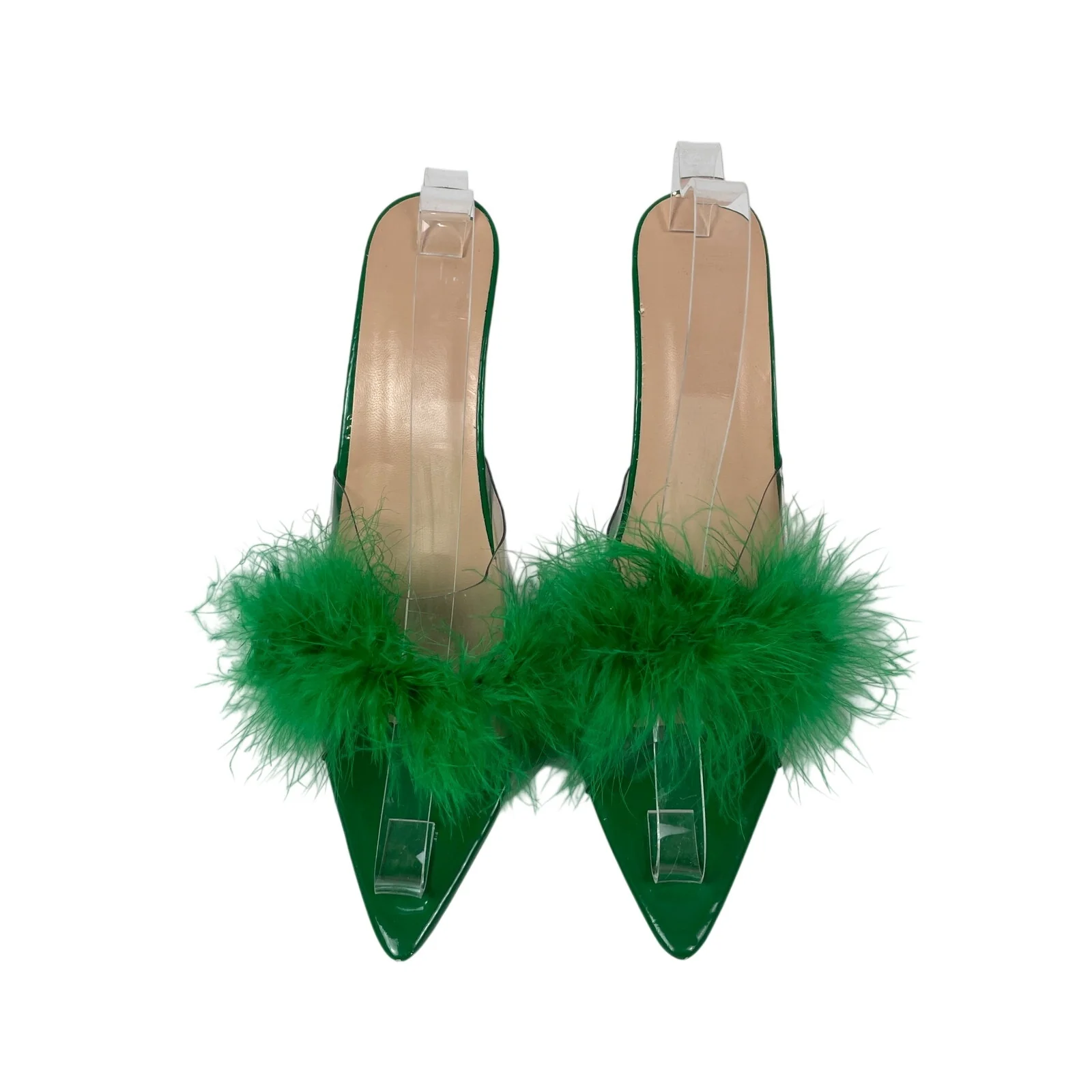 Women's Green Clear Strap Feather Trim Pointed Toe Stiletto Heels Sandals Sz 9.5 - Image 2