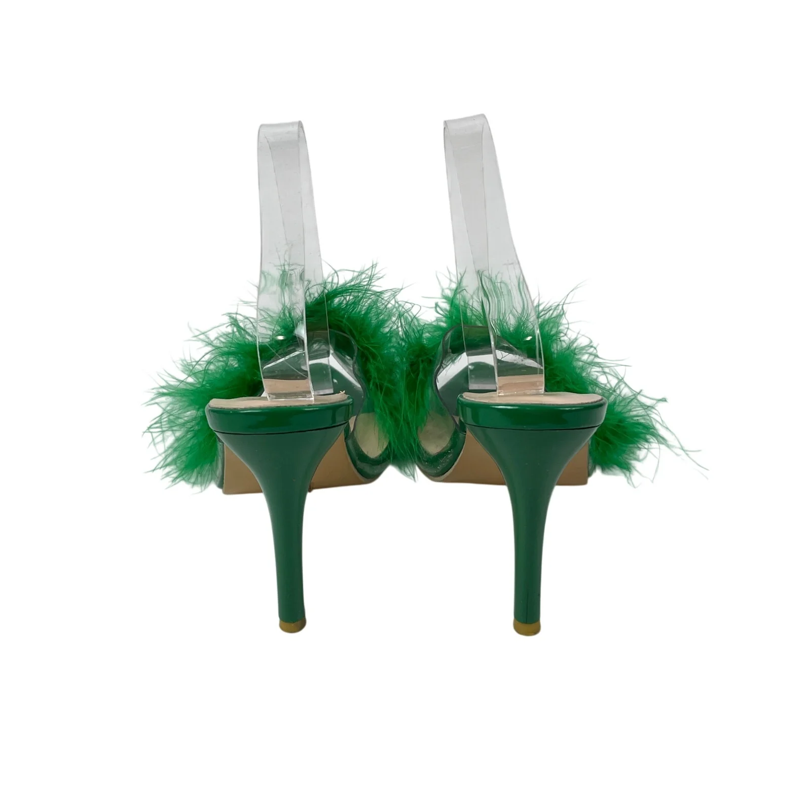Women's Green Clear Strap Feather Trim Pointed Toe Stiletto Heels Sandals Sz 9.5 - Image 3