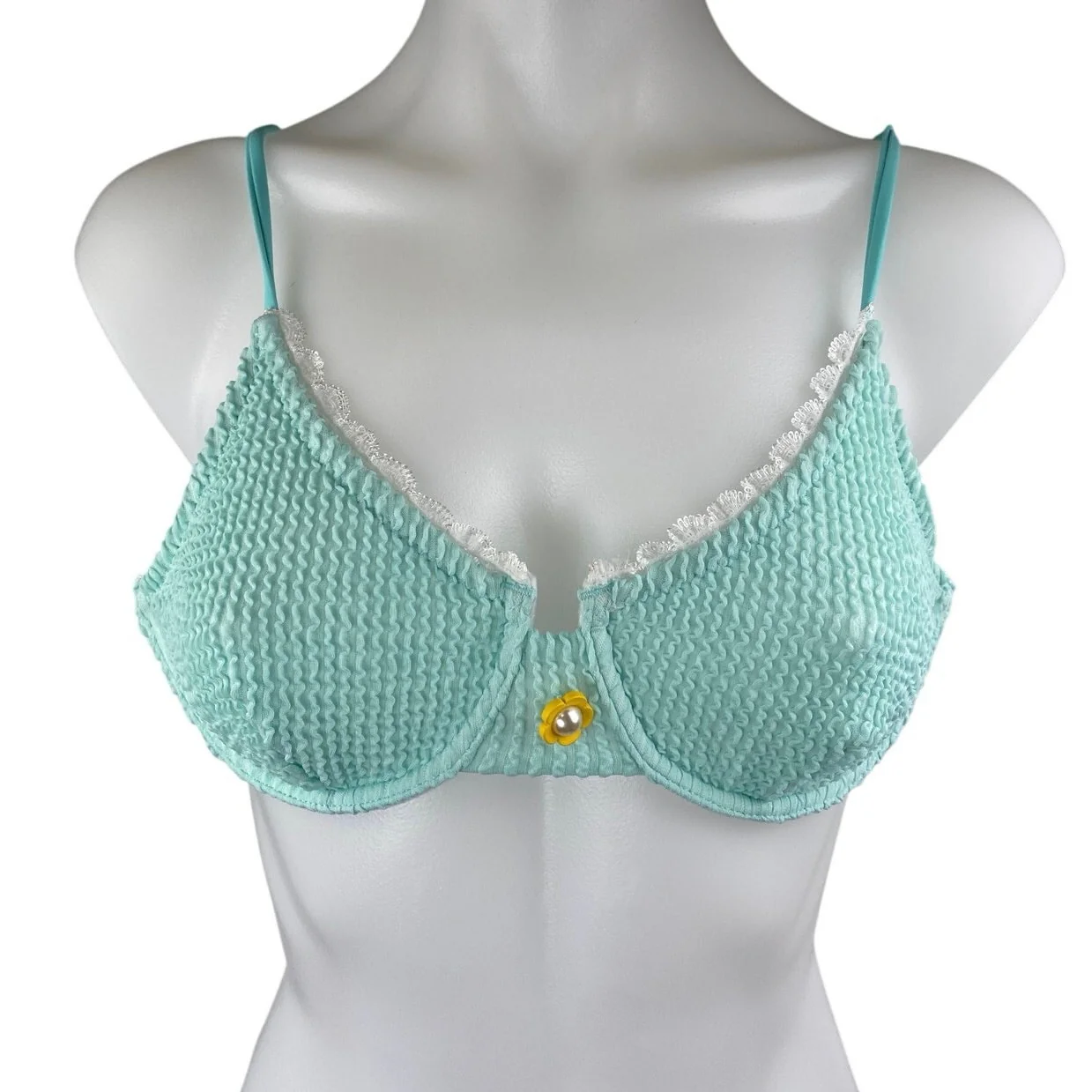Women's Green Textured Lace Trim Two Piece Swimsuit Swimwear Bikini Set Size M - Image 4