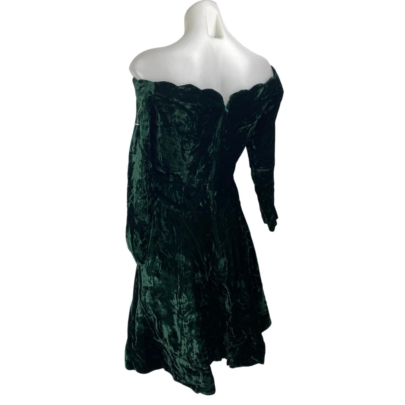 Women's Green Velvet Velour Handmade Half Sleeve Scalloped A Line Mini Dress S - Image 2