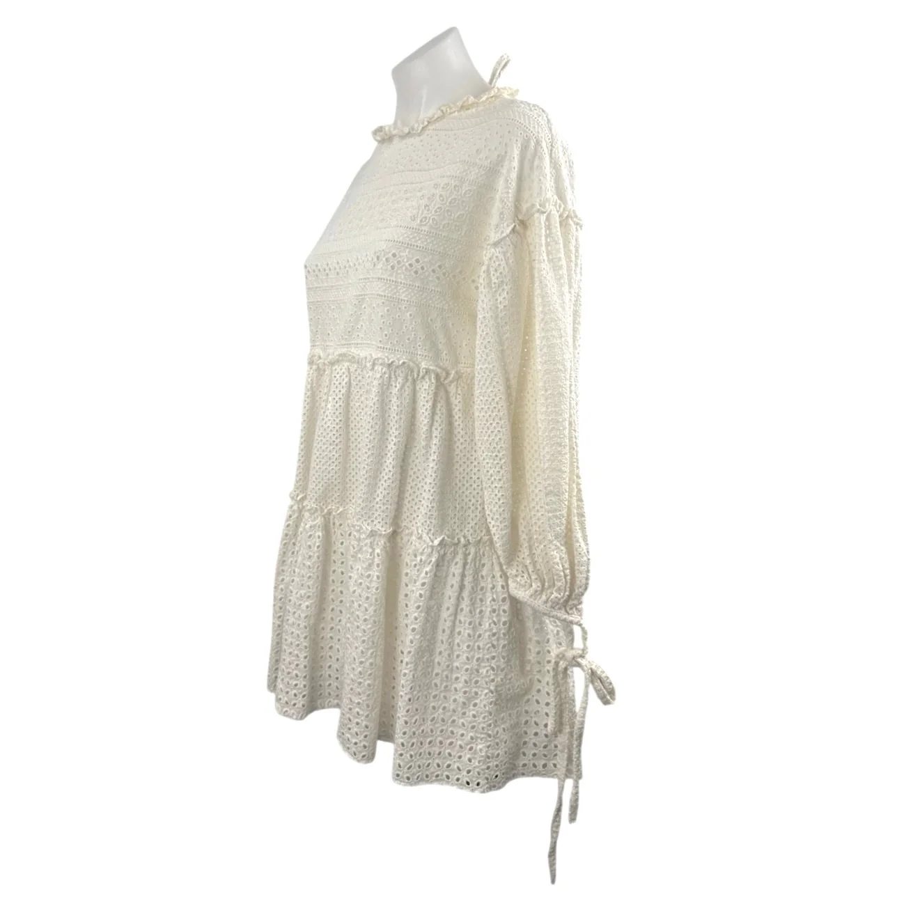 Women's Ivory Eyelet Embroidery Balloon Sleeve Tiered Mini Flare A-Line Dress S - Image 2
