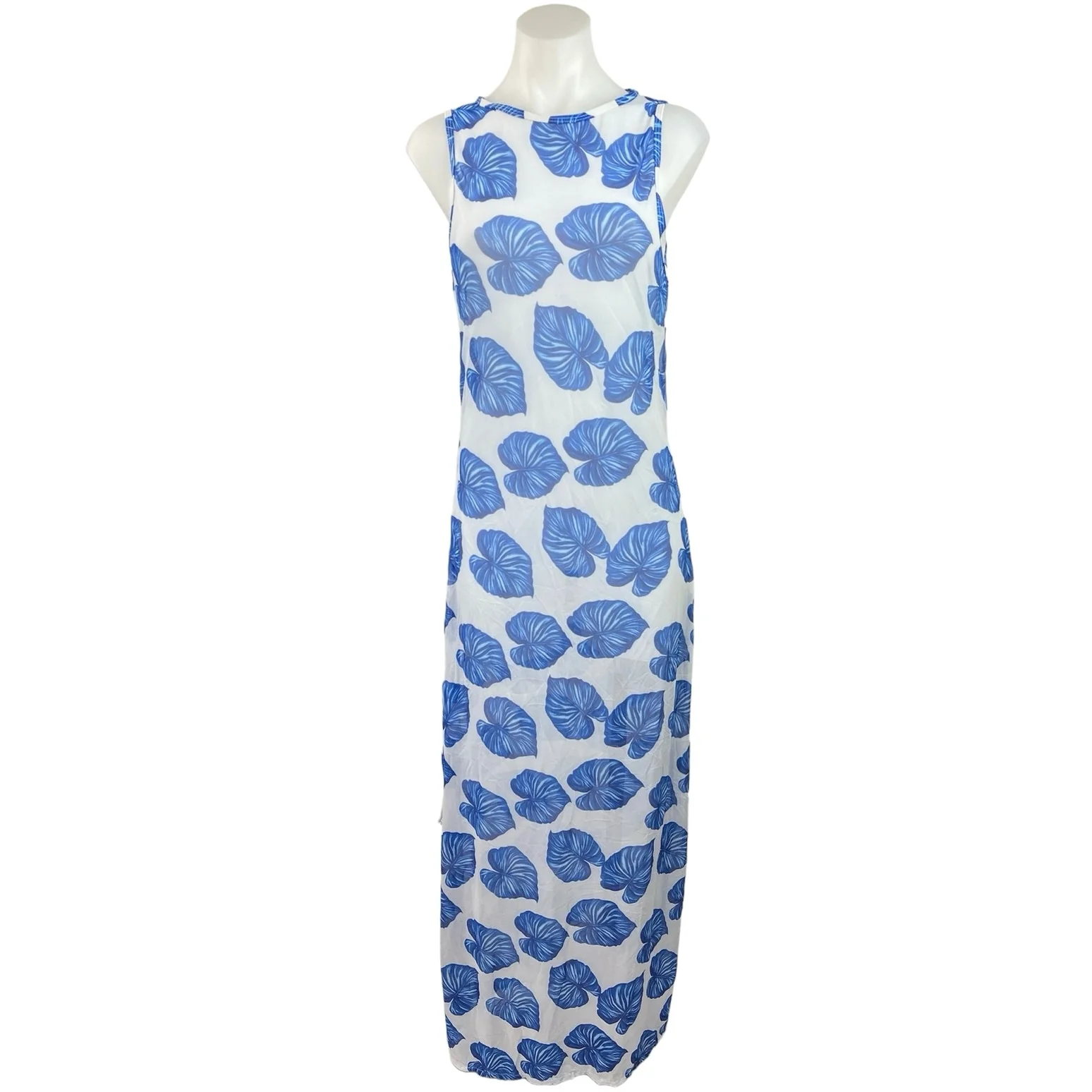 Women's Mesh Tall Semi Sheer Blue Tropical Leaf Print Swim Coverup Dress Size L