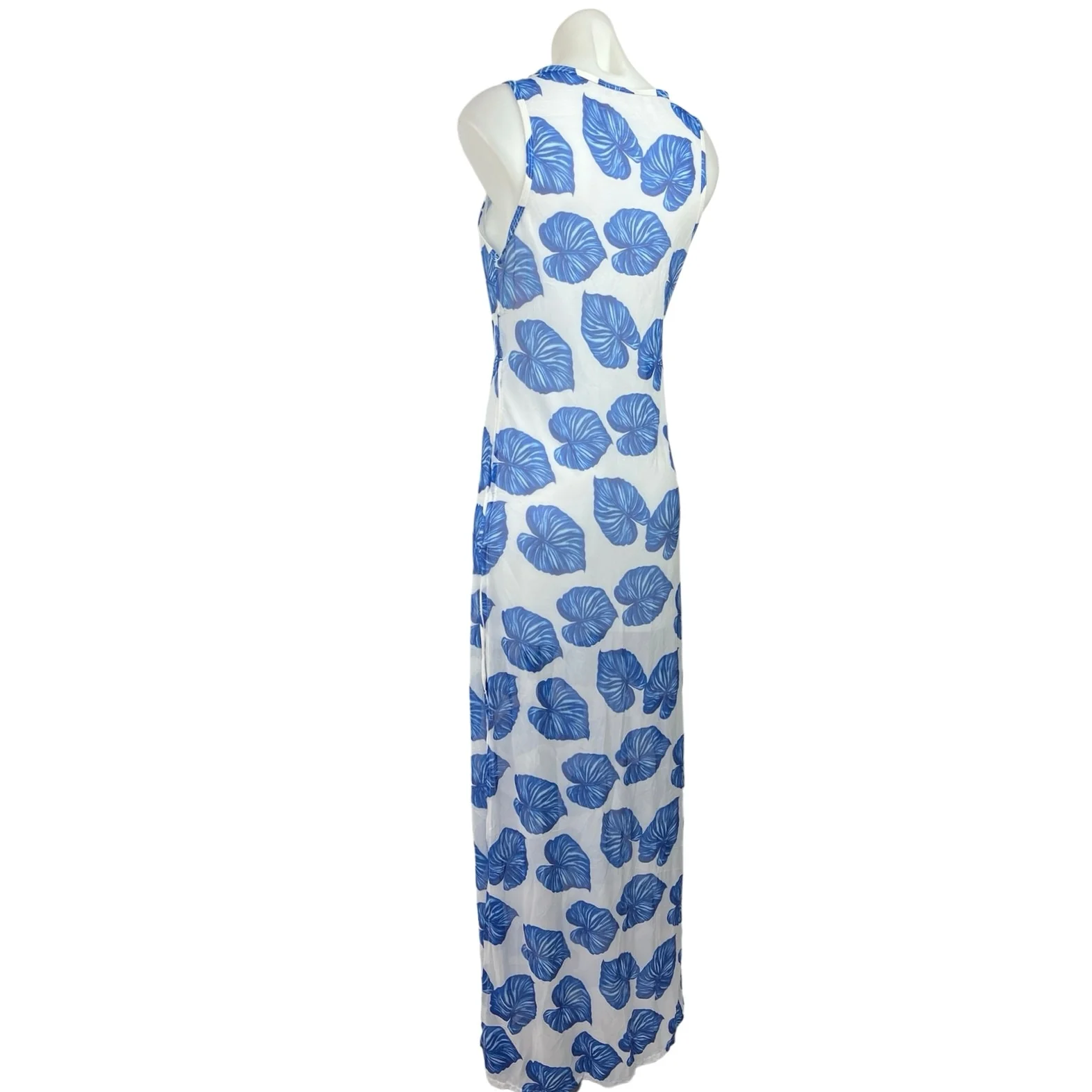 Women's Mesh Tall Semi Sheer Blue Tropical Leaf Print Swim Coverup Dress Size L - Image 2