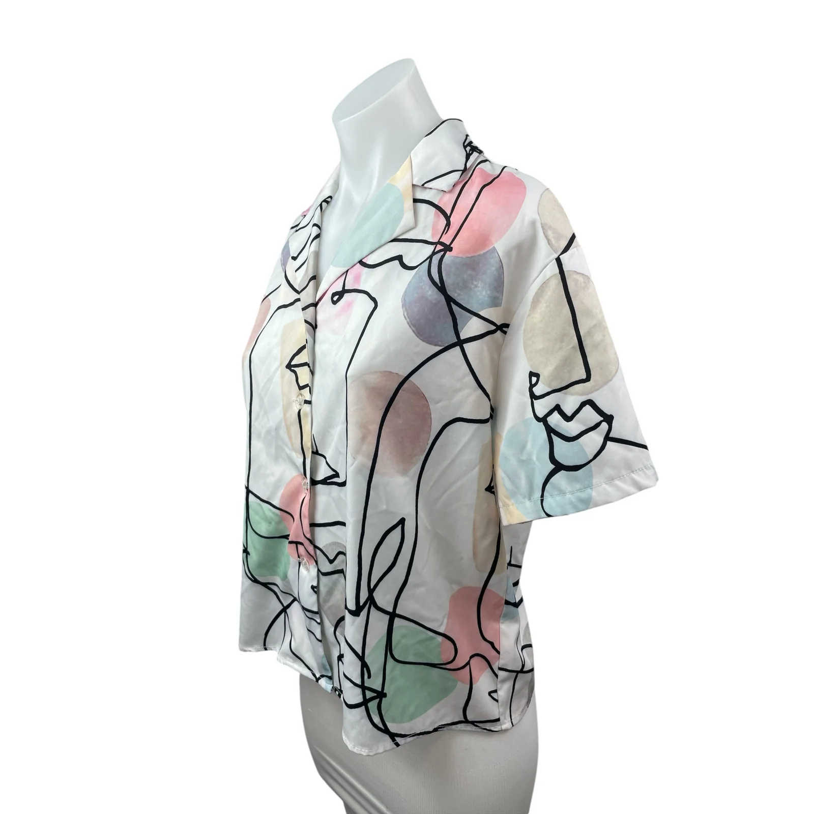 Womens Multicolor Abstract Print Collared Short Sleeve Button Down Shirt Top S/M - Image 2