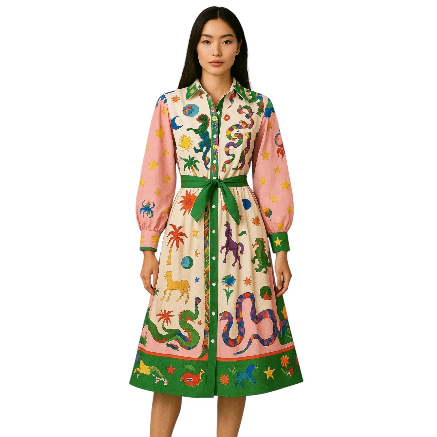 Women's Multicolor Graphic Long Balloon Sleeve Belted Maxi Shirt Dress Size XXL - Image 2