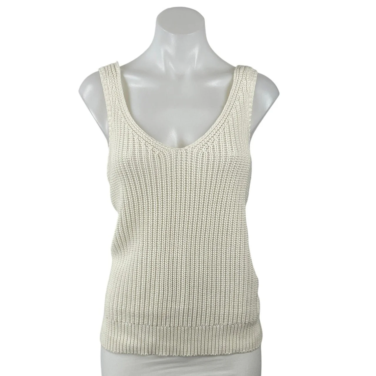 Women's Off White Ribbed Knit Sleeveless V Neck Cami Camisole Tank Top Size M