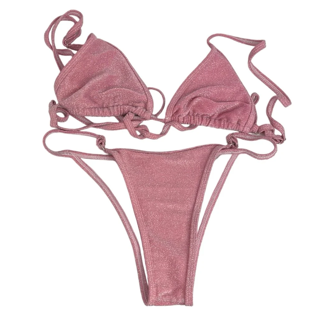 Women's Pink Glitter Halter Tie Adjustable Triangle Two Piece Swimsuit Size S