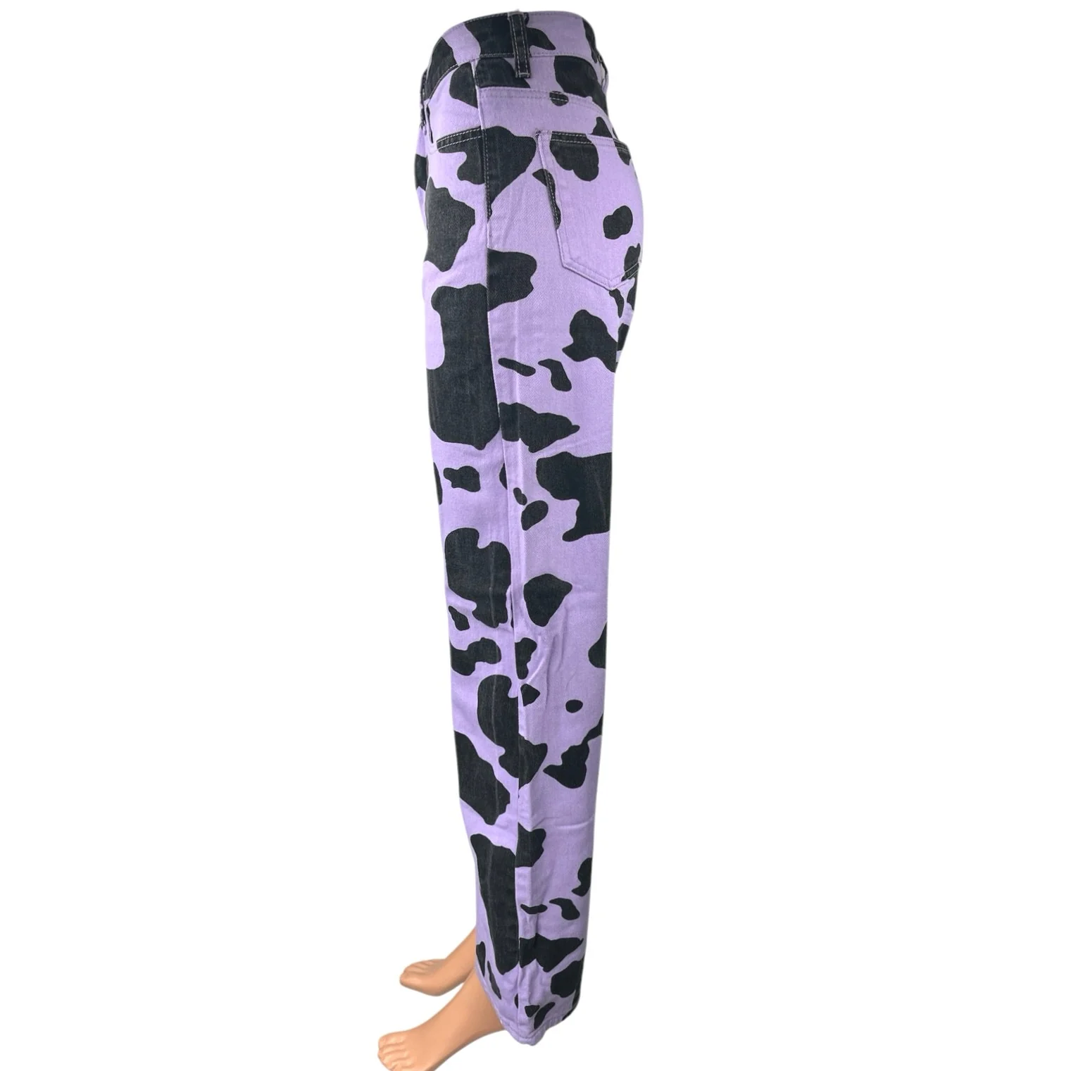Women's Purple Black Animal Cow Print Loose Fit Straight Denim Jeans Size XS/2 - Image 2
