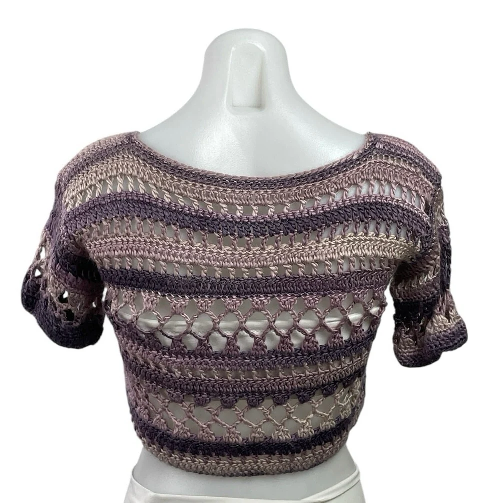 Women's Purple Short Sleeve Crochet Open Knit Boat Neck Boho Crop Top Size S - Image 3
