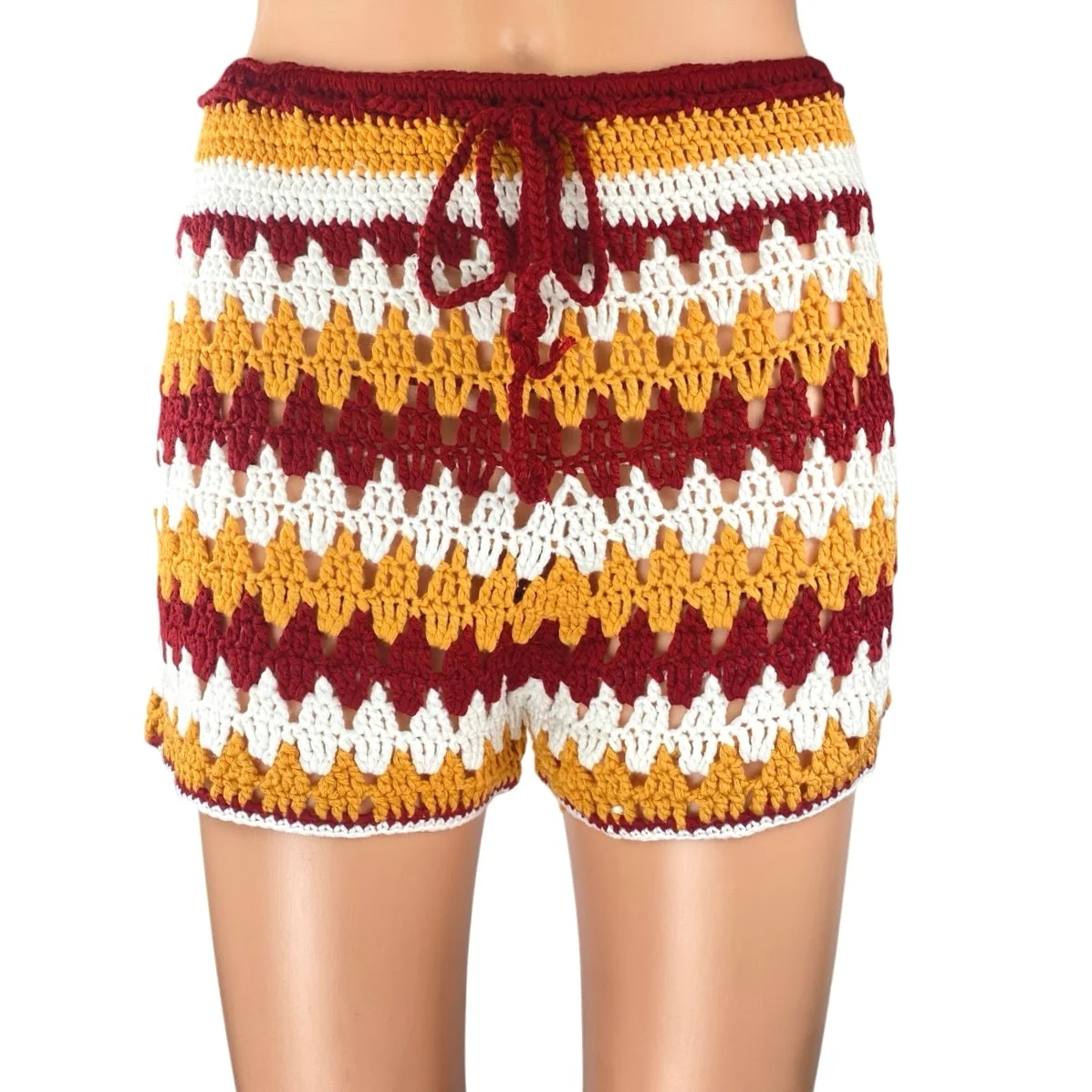 Women's Red Multicolor Striped Crochet Knit High Rise Boho Mini Shorts Size L