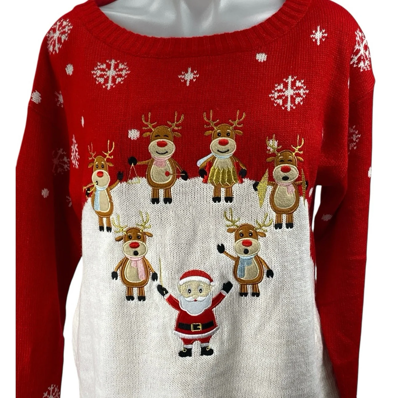 Women's Red Santa Claus Reindeer Fair Isle Embroidered Long Sleeve Sweater Sz M - Image 2