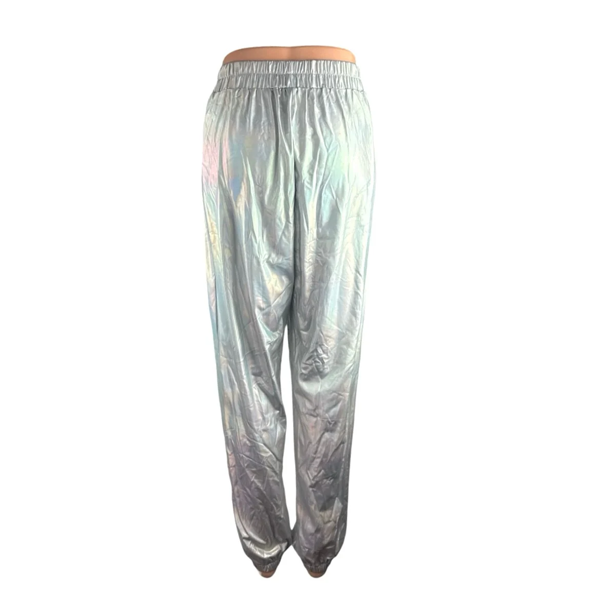 Womens Shiny Metallic Holographic Palazzo Wide Leg Track Jogger Trousers Pants S - Image 3