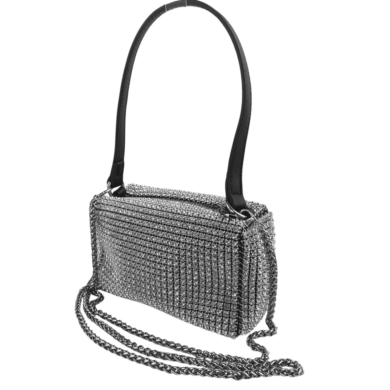 Women's Silver Black Rhinestone Sparkly Chain Crossbody Shoulder Handbag OS