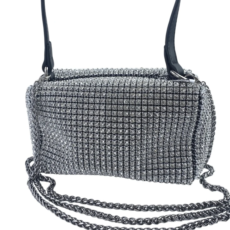 Women's Silver Black Rhinestone Sparkly Chain Crossbody Shoulder Handbag OS - Image 3