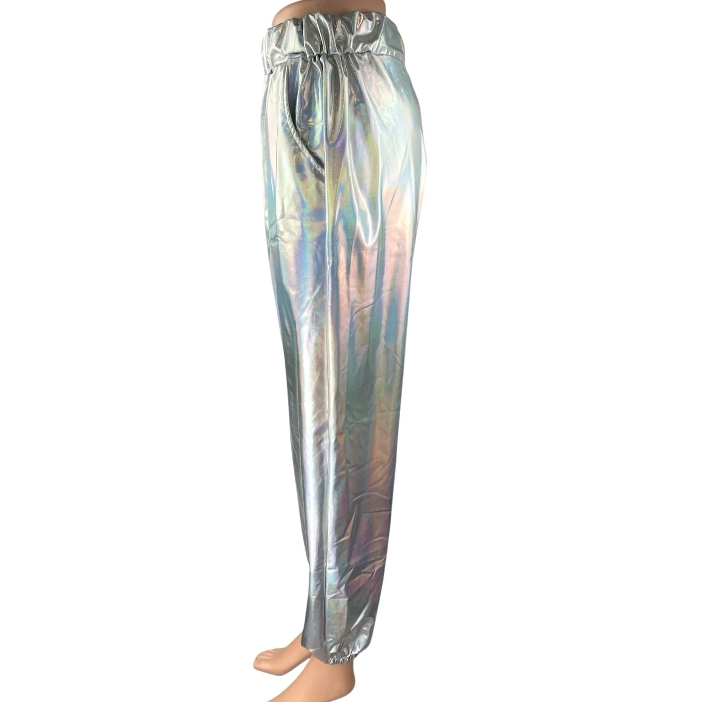 Women's Silver Metallic Irredescent Glossy Tapered High Waist Jogger Pants Sz L - Image 2