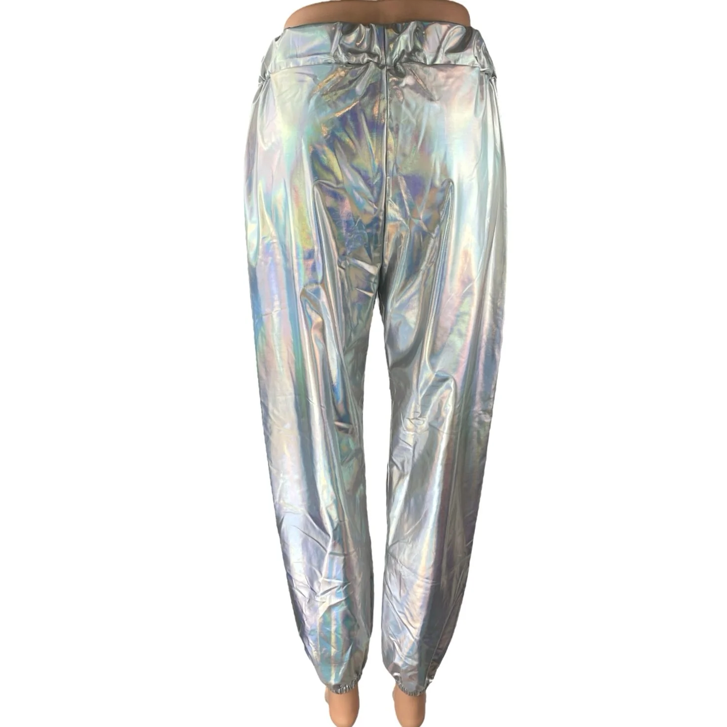 Women's Silver Metallic Irredescent Glossy Tapered High Waist Jogger Pants Sz L - Image 3