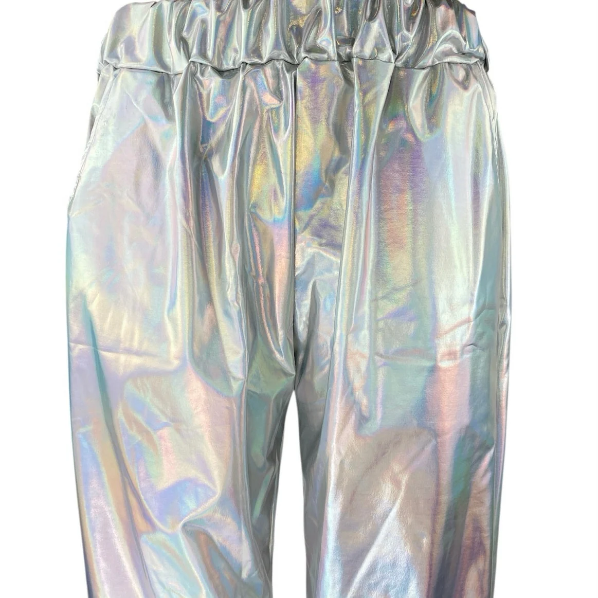 Women's Silver Metallic Irredescent Glossy Tapered High Waist Jogger Pants Sz L - Image 4