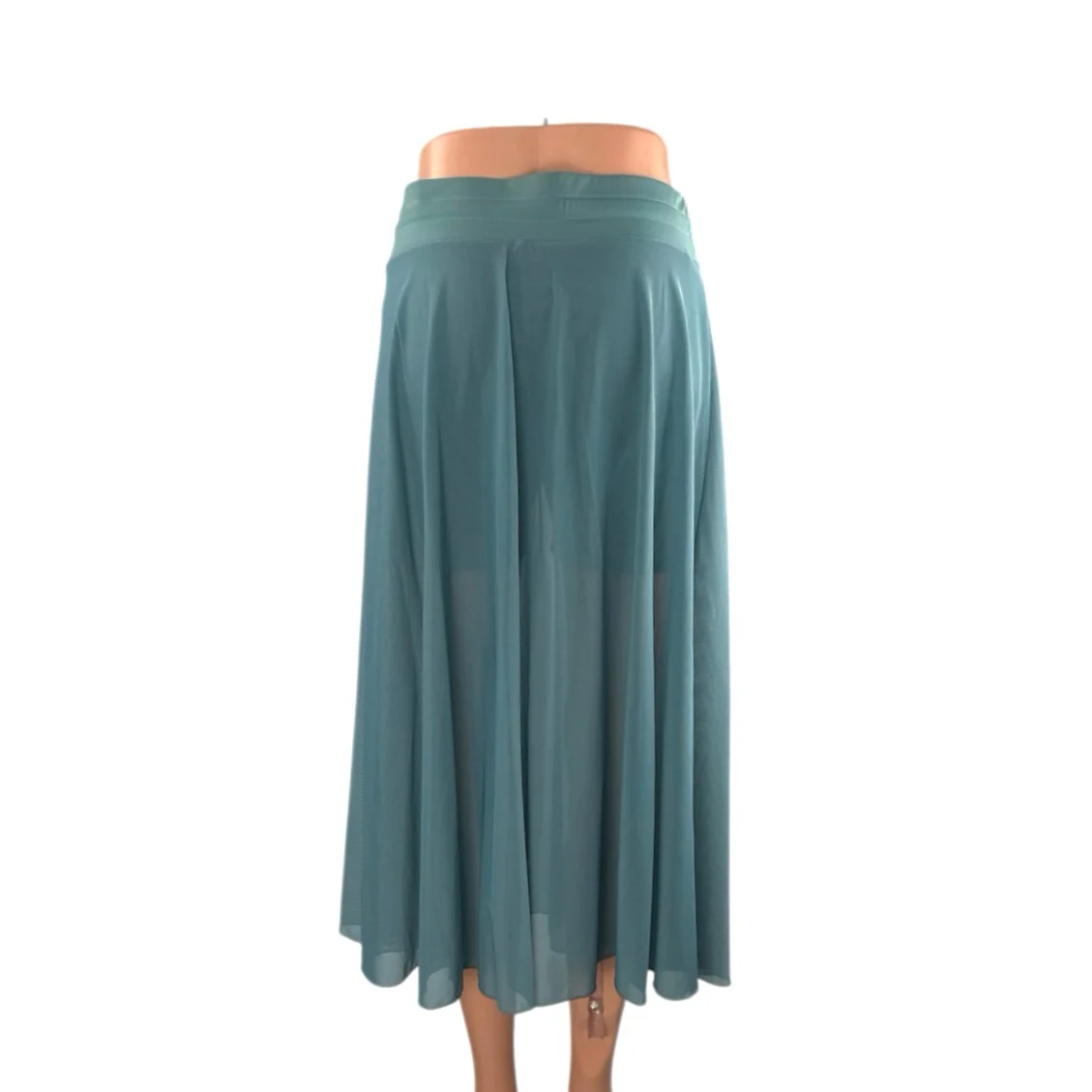 Women's Teal Blue Mesh Sheer Slit Pleated Tie Waist A Line Midi Skirt Size M - Image 3