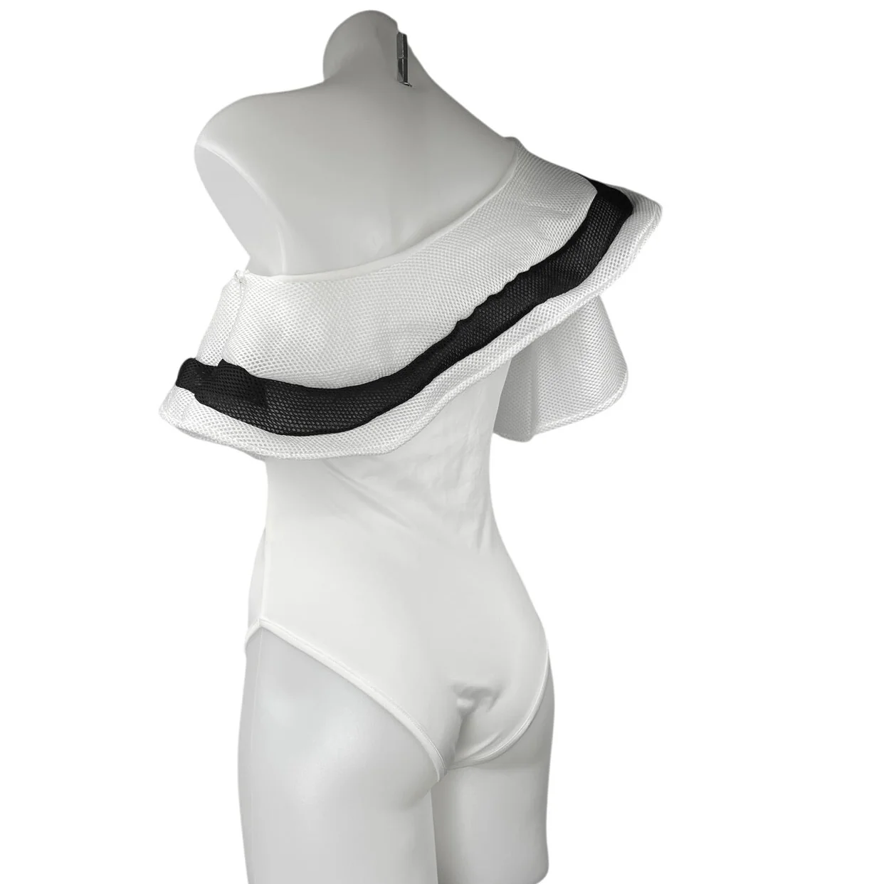 Women's White Black Ruffle Striped One Shoulder Stretch Bodysuit Top Size M - Image 3