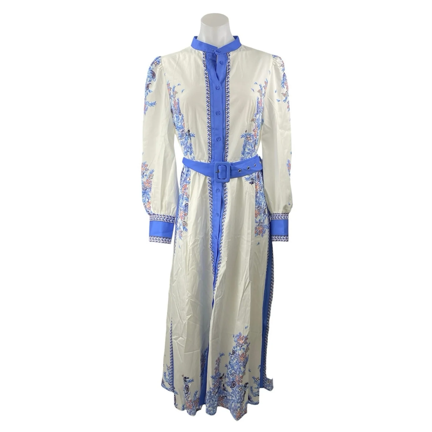 Women's White Blue Floral Long Sleeve Button Up Belted A Line Maxi Dress Size L