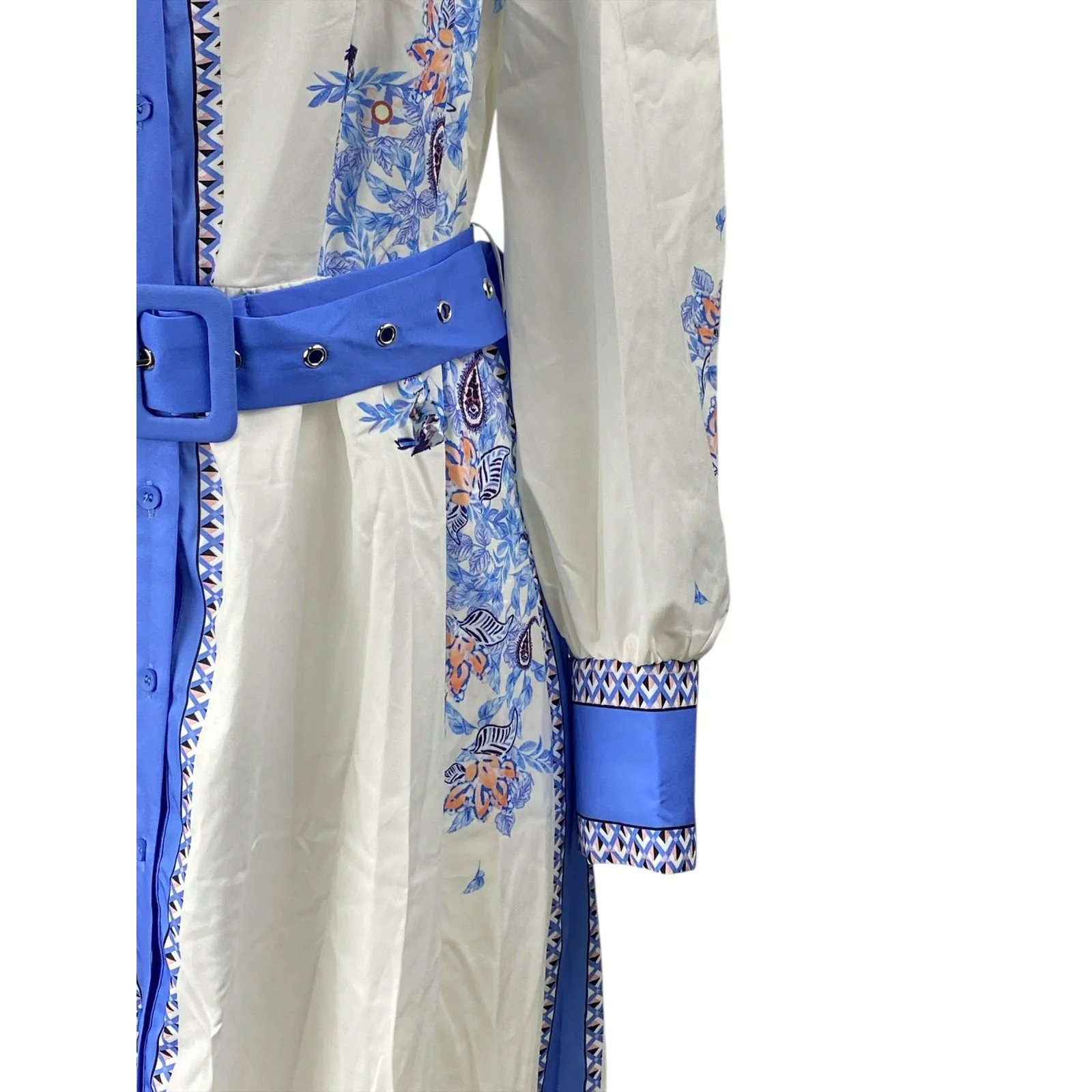 Women's White Blue Floral Long Sleeve Button Up Belted A Line Maxi Dress Size L - Image 2
