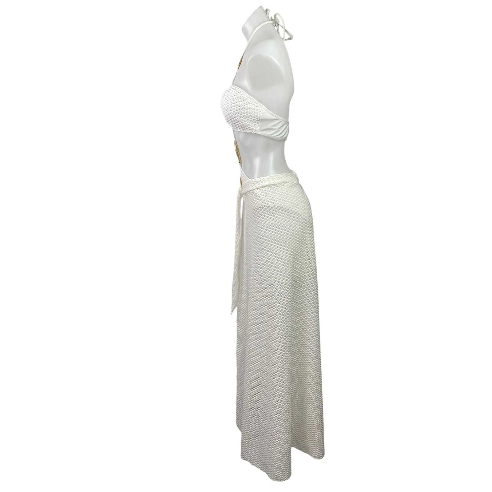 Womens White Crochet Cutout One Piece Swimsuit & Skirt Cover Up Co-ords Set Sz M - Image 6