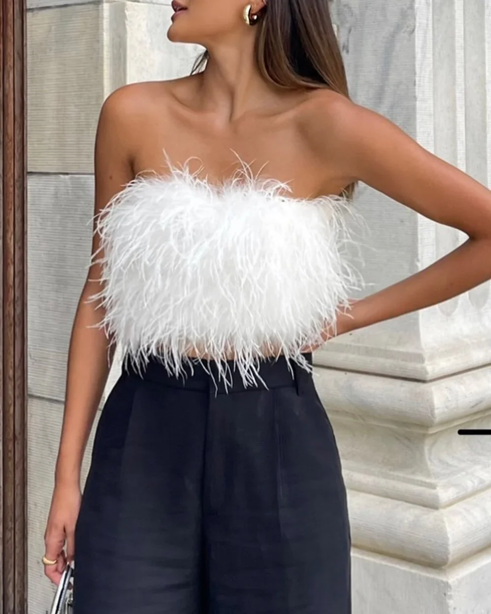 Womens White Faux Fur Fuzzy Fluffy Fringe Feather Strapless Tube Crop Top Size S - Image 2