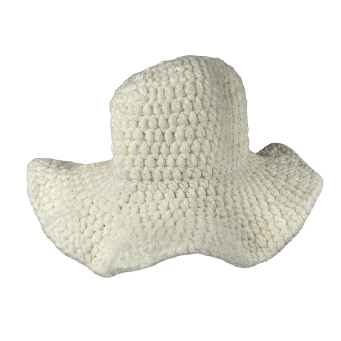 Women's White Knit Crochet Fluffy Handmade Minimalist Bucket Hat One Size - Image 2