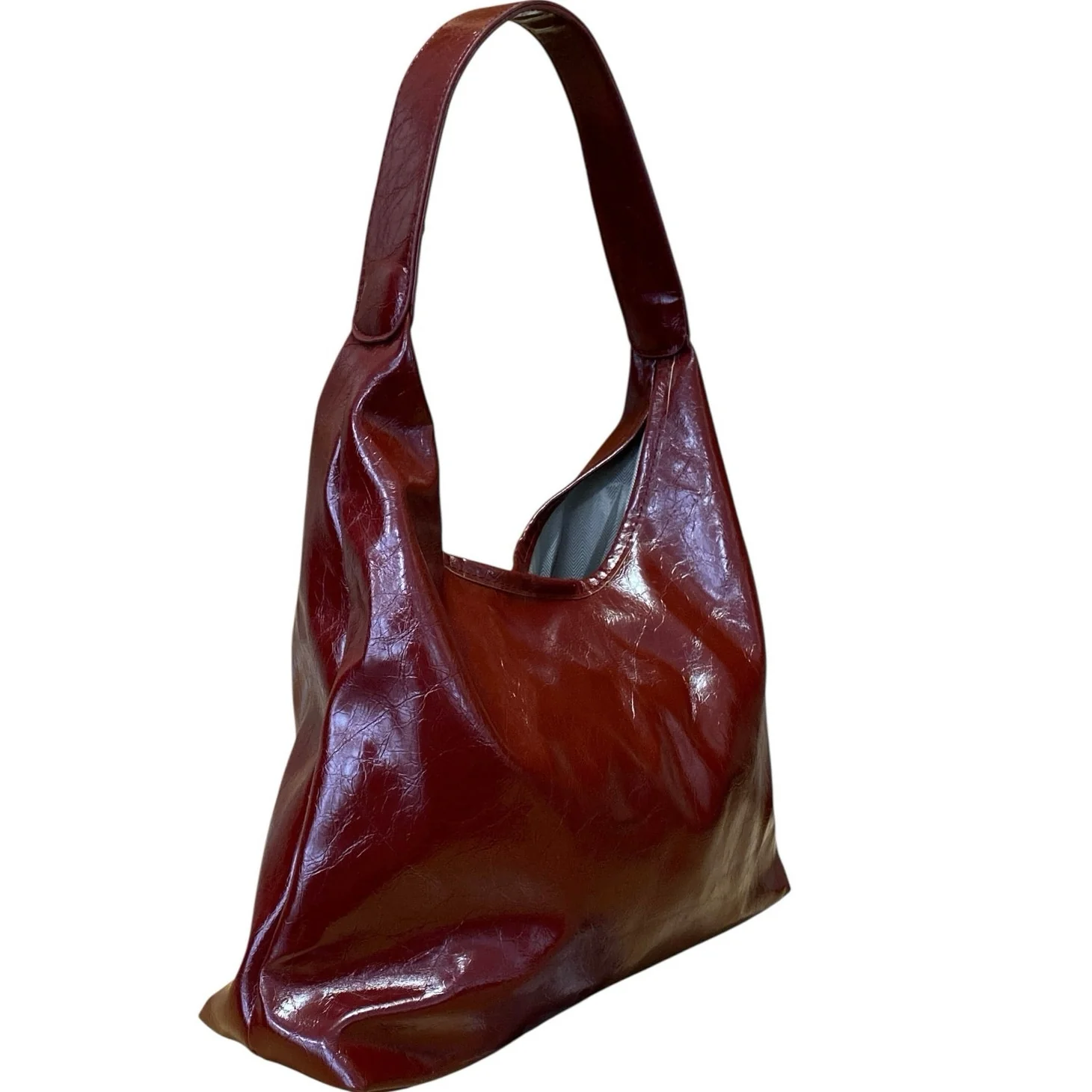 Women's Wine Red Patent Faux Leather Vegan Hobo Y2k Tote Shoulder Handbag OS - Image 3