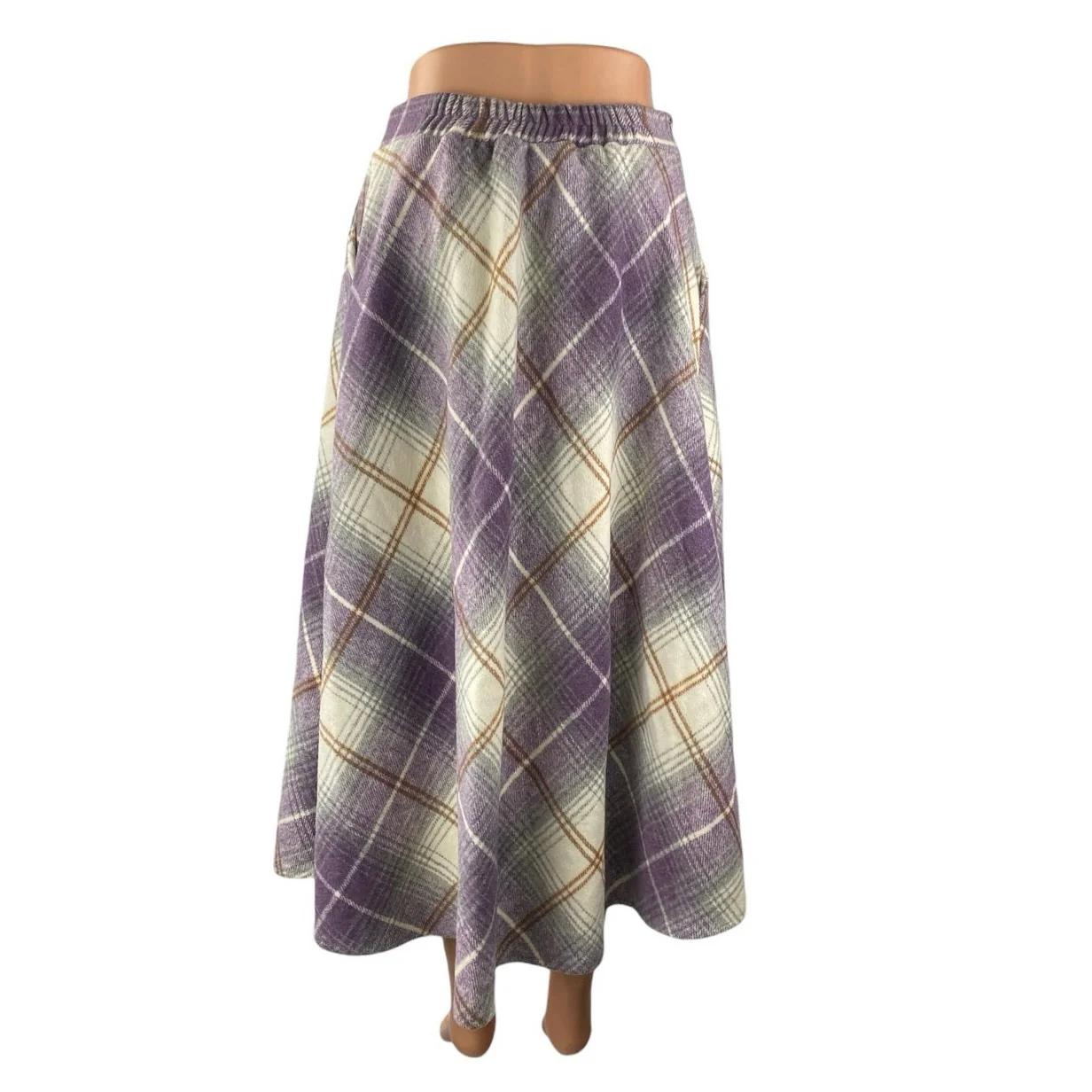 Women's Wool Purple Tartan Plaid Checkered High Waist Midi Flare A-Line Skirt S - Image 3