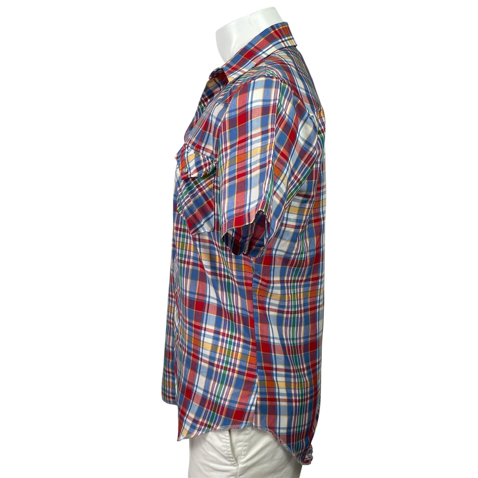 Wrangler Mens Red Blue Plaid Checkered Short Sleeve Button Down Shirt Top Sz M - Image 2