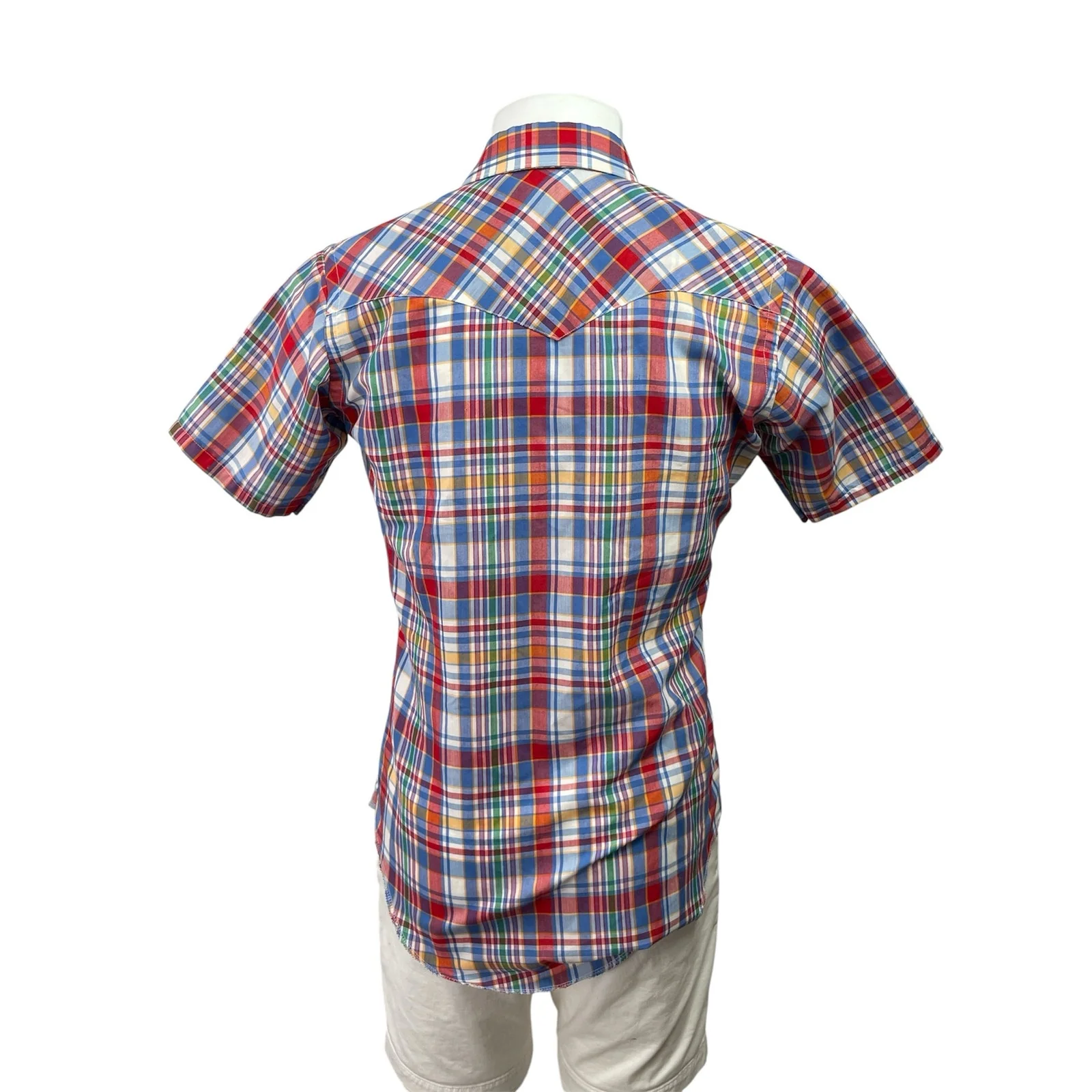 Wrangler Mens Red Blue Plaid Checkered Short Sleeve Button Down Shirt Top Sz M - Image 3