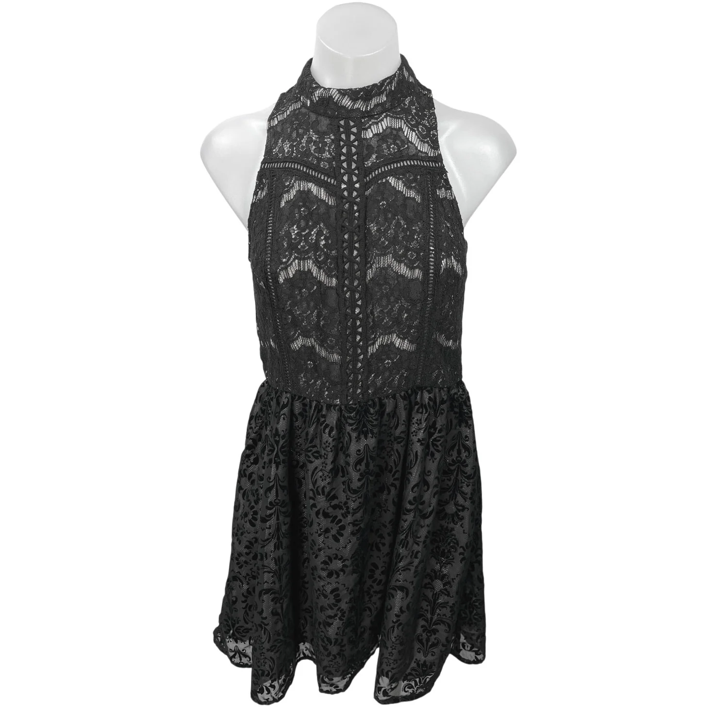 Xhilaration Black Lace Floral Embroidered High Neck Fit & Flare Mini Dress Sz M