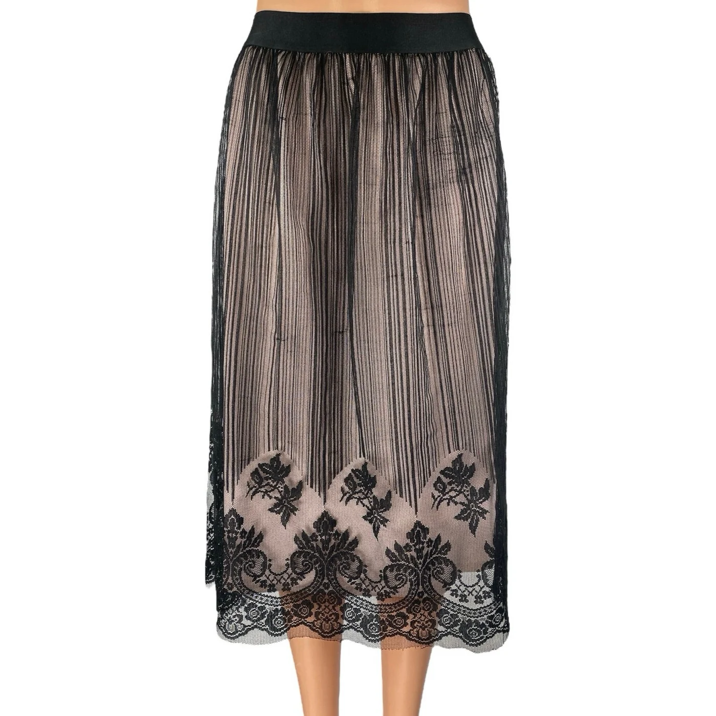 Xhilaration Women's Black Floral Striped Lace Tulle Mid Rise Midi Skirt Size XXL