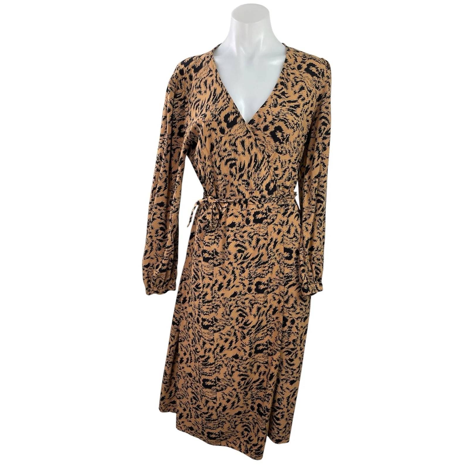 Y.A.S Women's Brown Leopard Print V Neck Long Sleeve Midi A-Line Wrap Dress Sz L