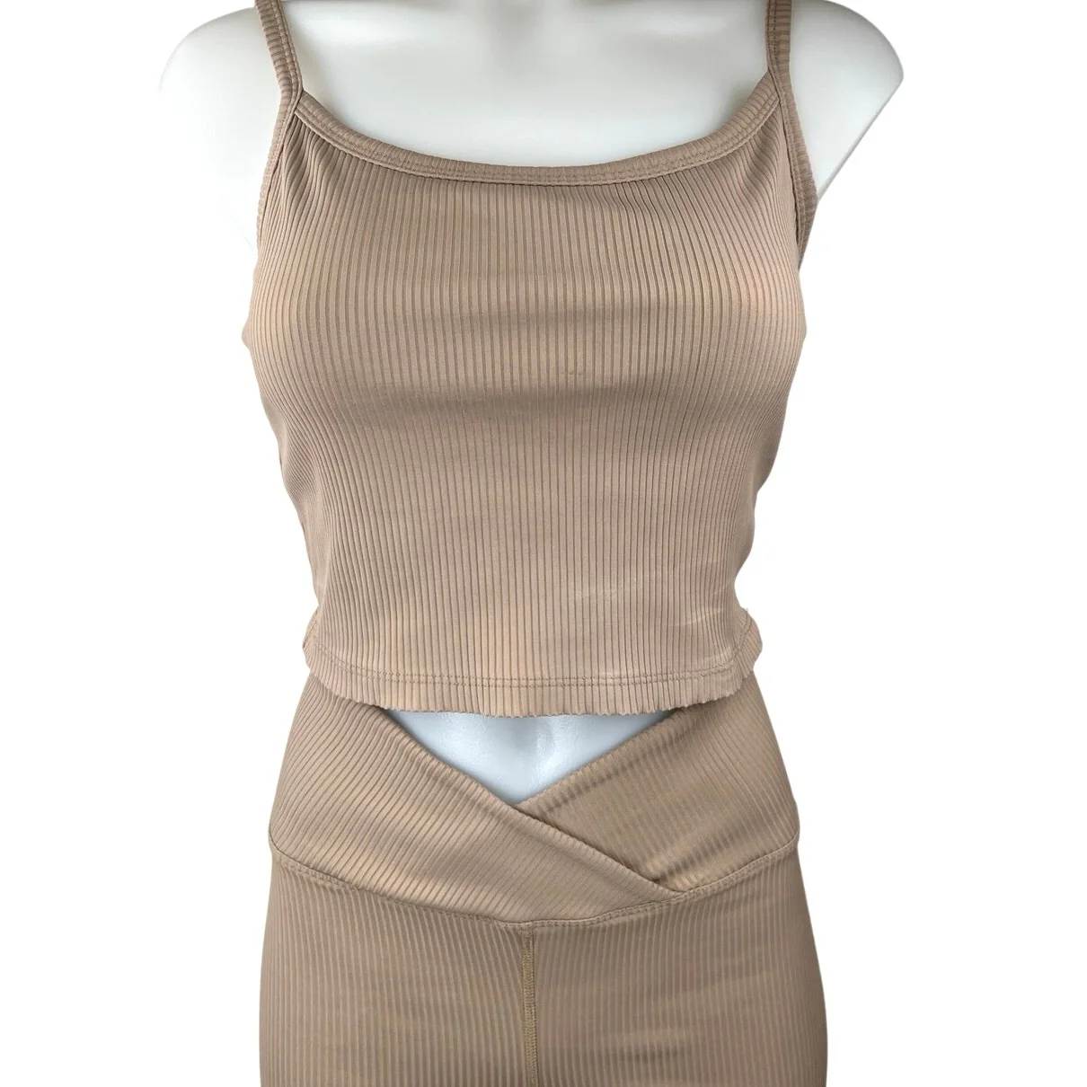 Year of Ours Tan Ribbed Knit Sleeveless Crop Tank Top Pants 2-Piece Set Size M - Image 4