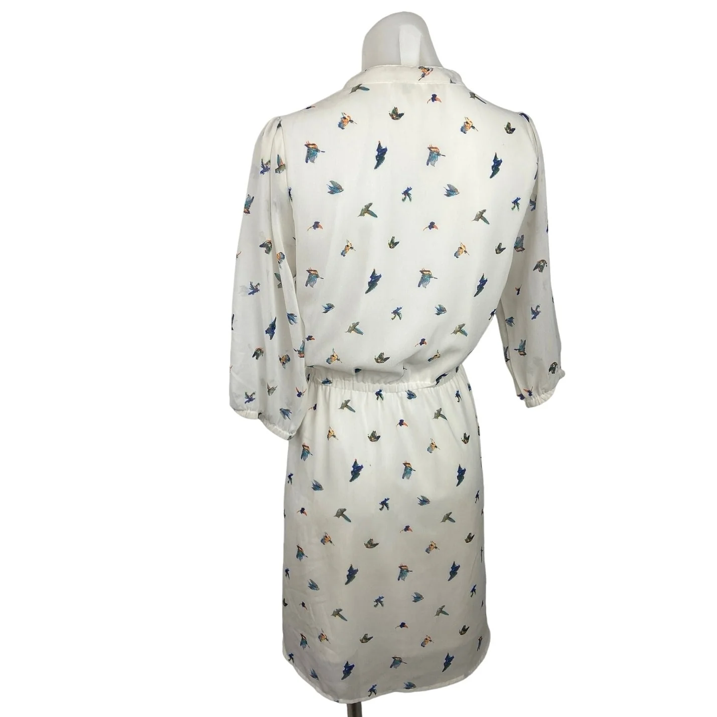 Yumi White Bird Print V-Neck Half Sleeve Elastic Waist Pull On Shirt Dress 6/8 - Image 2