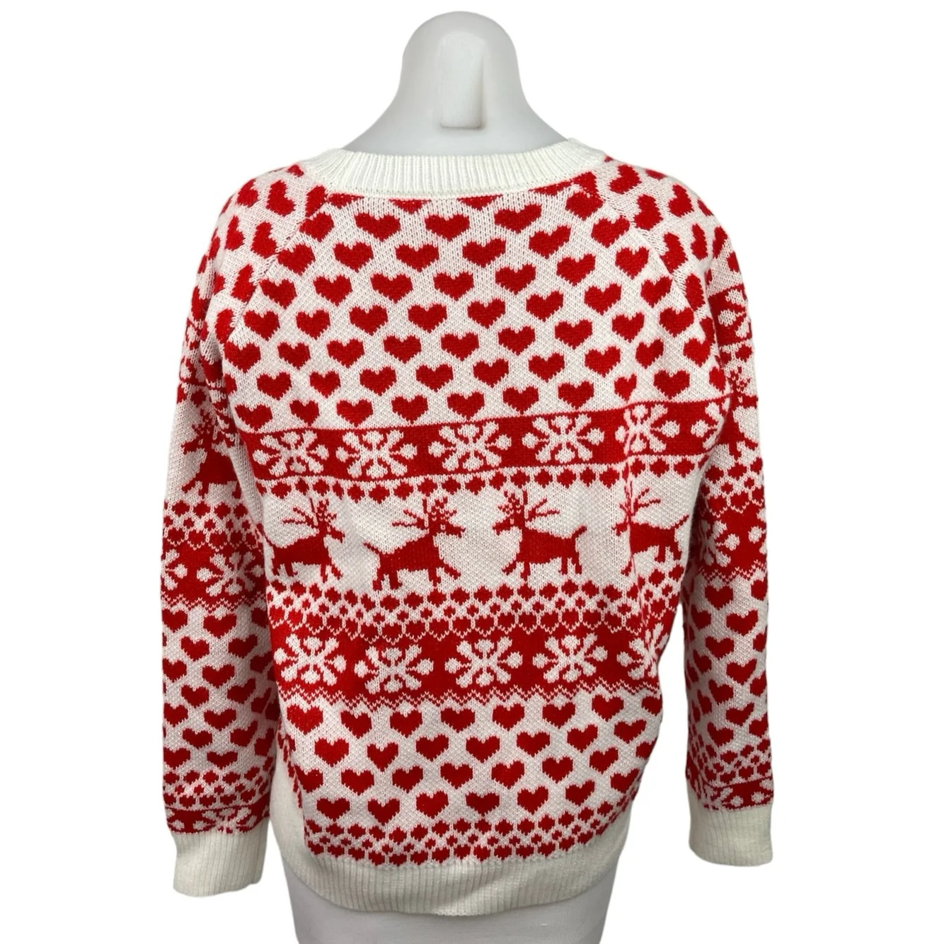 Zaful Red White Reindeer Heart Crewneck Pullover Long Sleeve Christmas Sweater 8 - Image 2