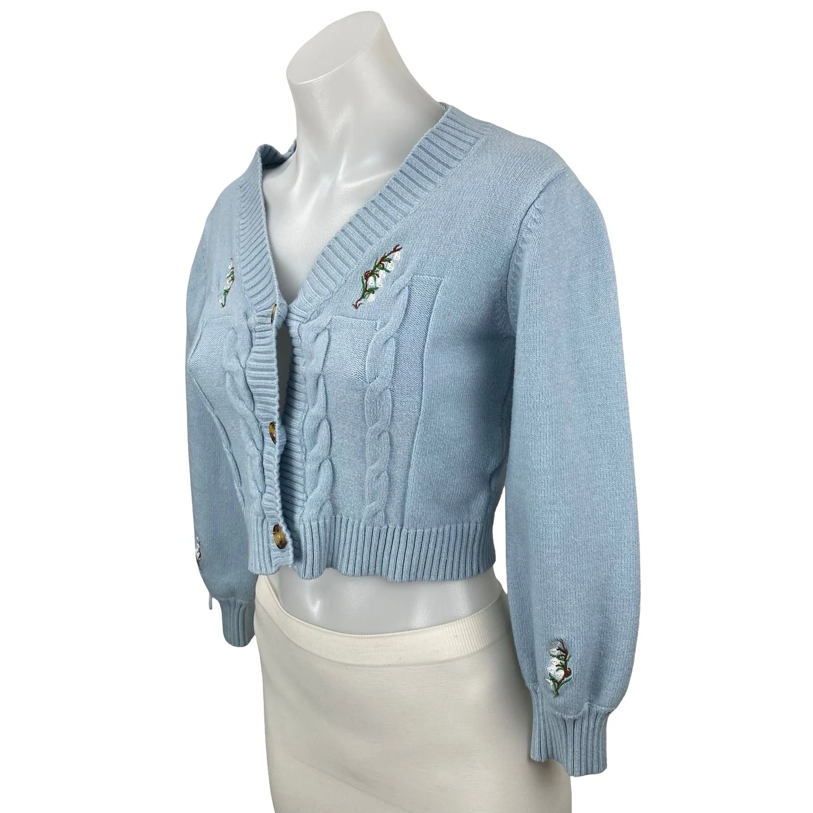Zaful Women's Blue Cable Knit Embroidered Floral Cropped Cardigan Sweater Top OS - Image 3