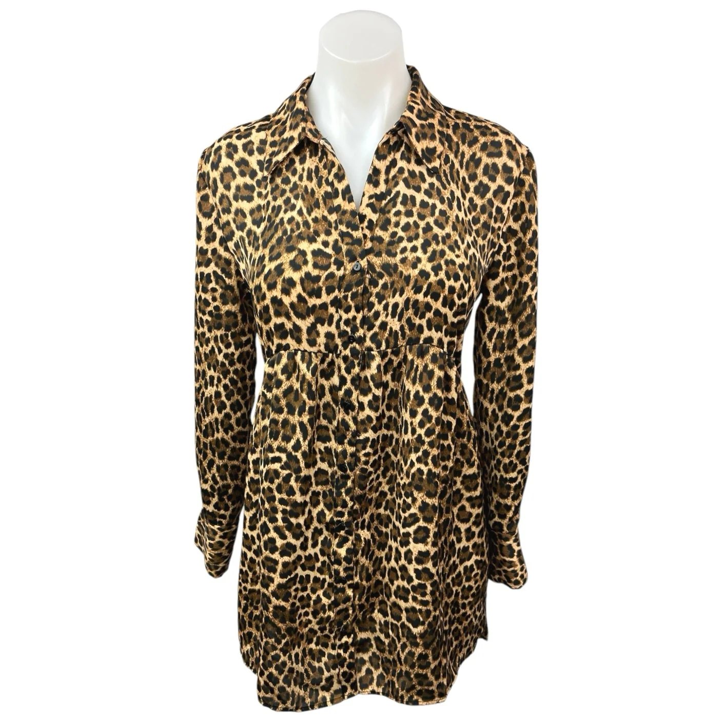 Zara Beige Black Leopard Print Collared Long Sleeve A Line Mini Dress Size XS