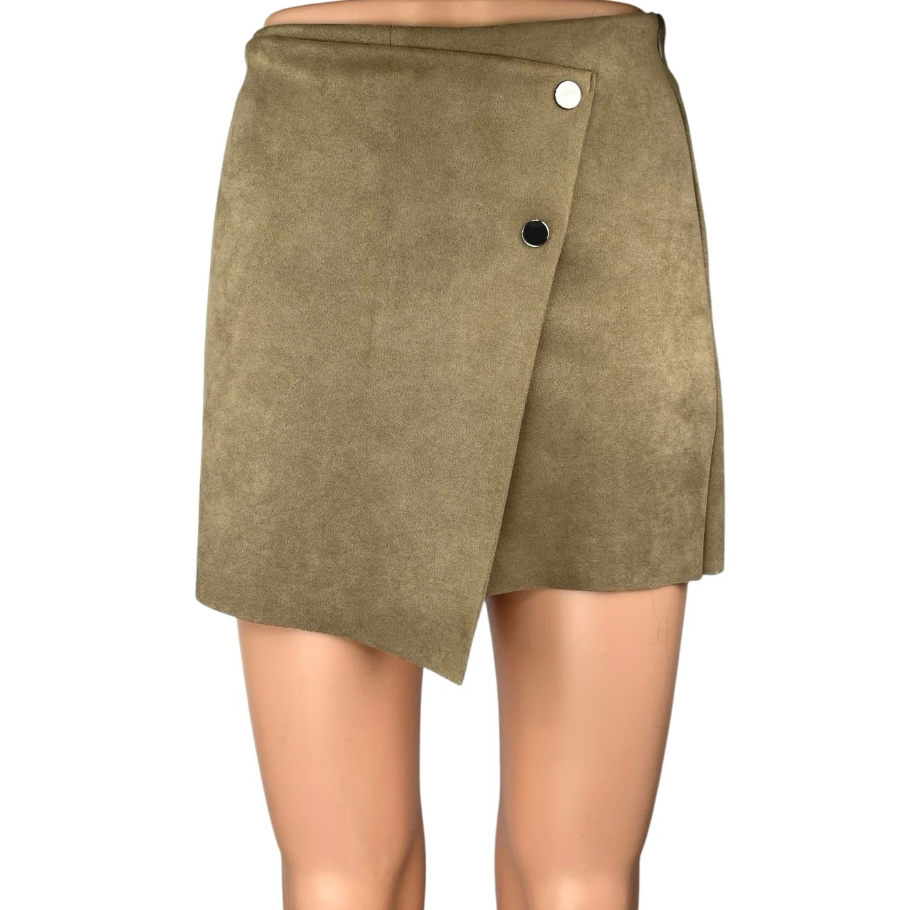 Zara Beige Brown Faux Suede Asymmetric Button Zipper Mini Wrap Skirt Skort Sz XS