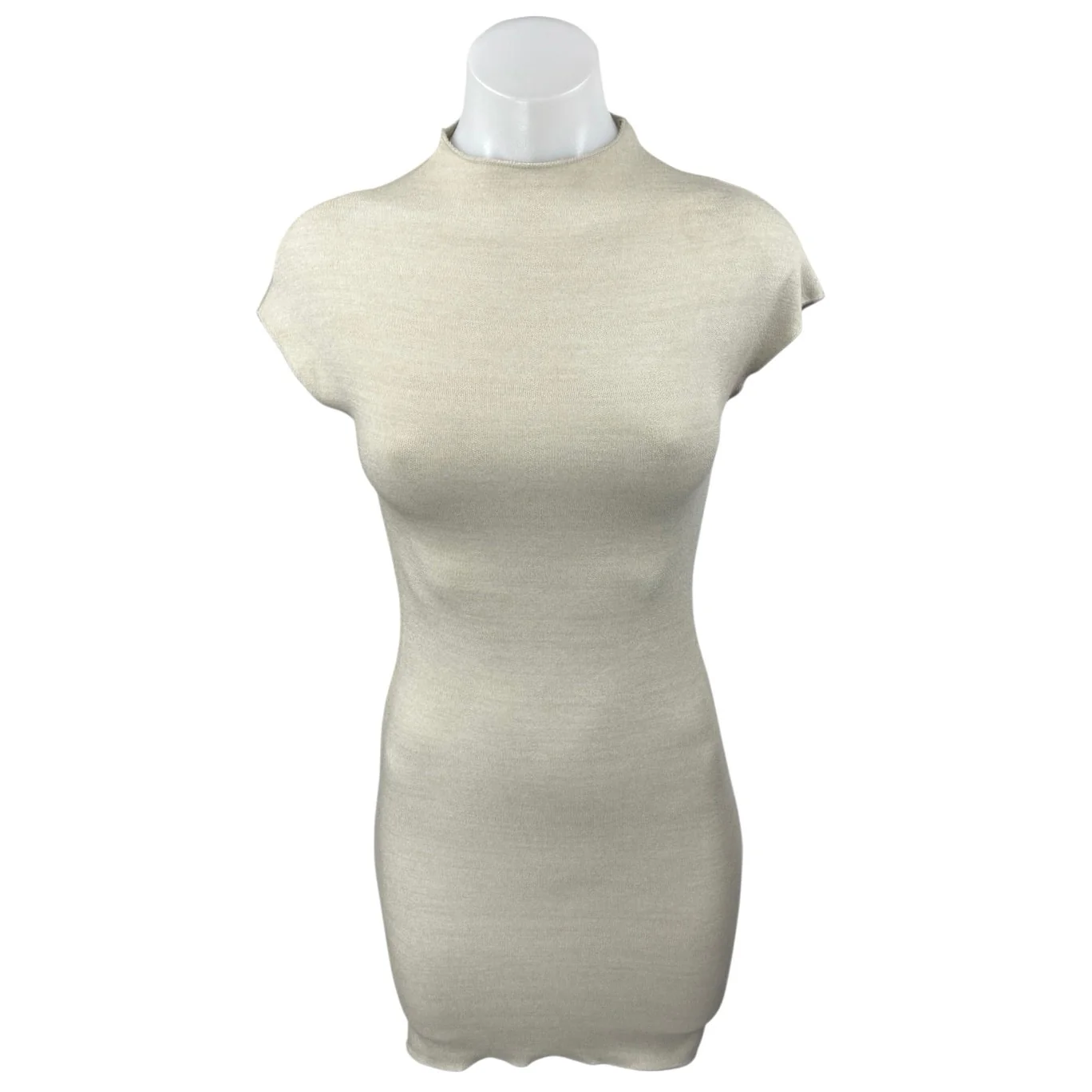 Zara Beige Cream Short Sleeve Mock Neck Knit Sweater Mini Bodycon Dress Size S