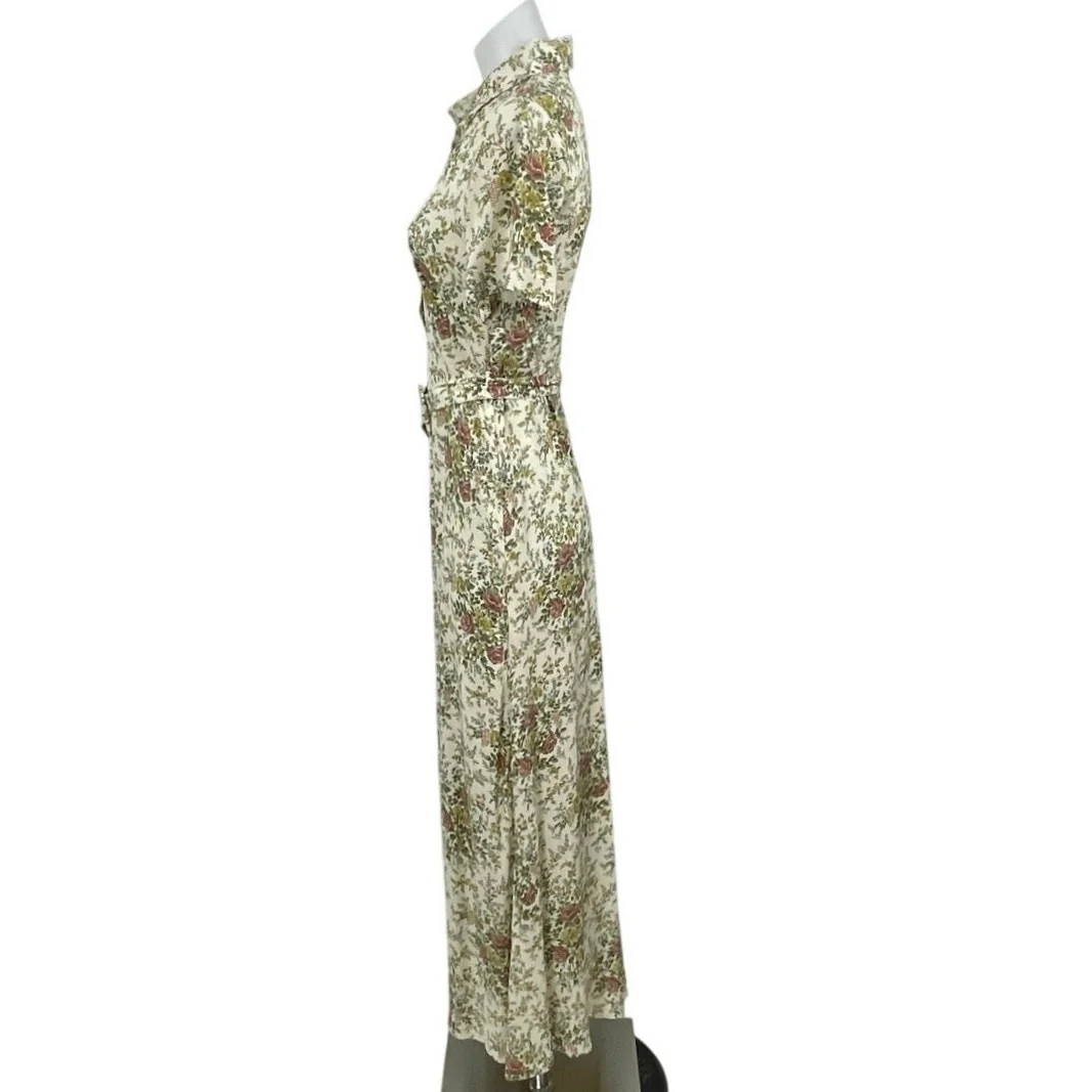 Zara Beige Floral Short Sleeve Belted Collared Shirt A Line Maxi Dress Size S - Image 3