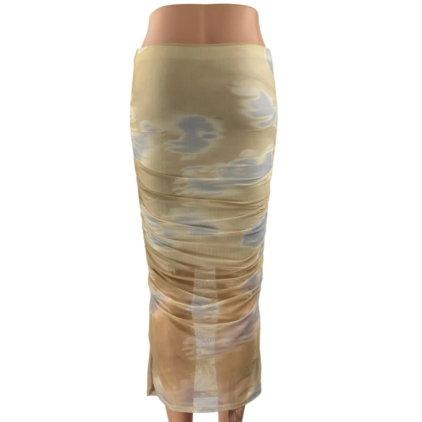 Zara Beige Khaki Tie Dye Tulle Ruched Draped Cinched Pencil Midi Skirt Size S - Image 3