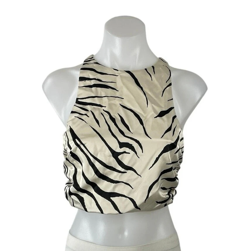 Zara Beige Tiger Animal Print High Neck Sleeveless Cross Back Crop Top Size S