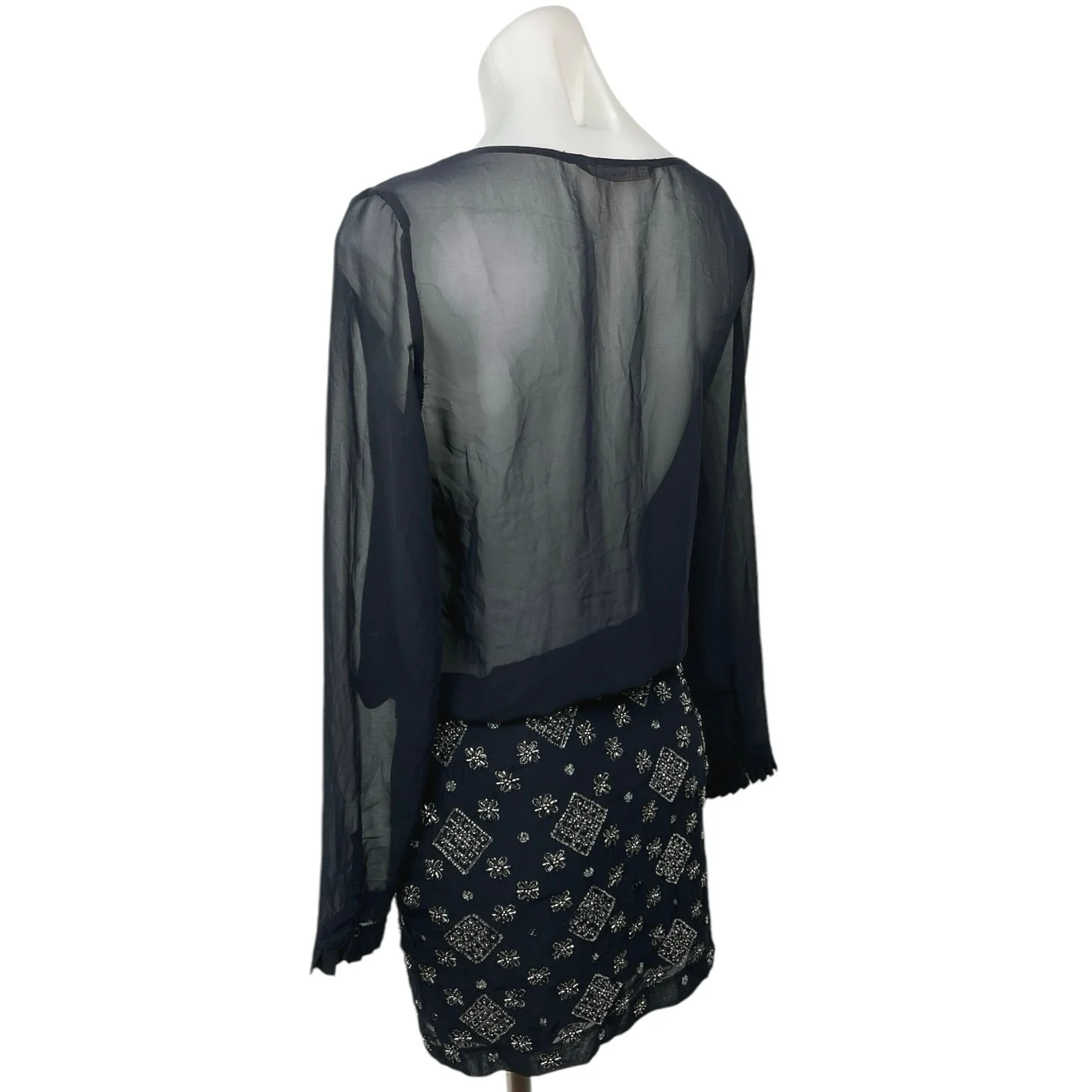 Zara Black Beads Embellished V-Neck Sheer Chiffon Blouson Sheath Shirt Dress XS - Image 2